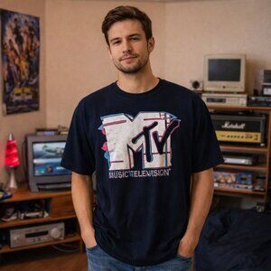 VTG MTV Logo Men's 2XL T-Shirt Tee Black Short Sleeve